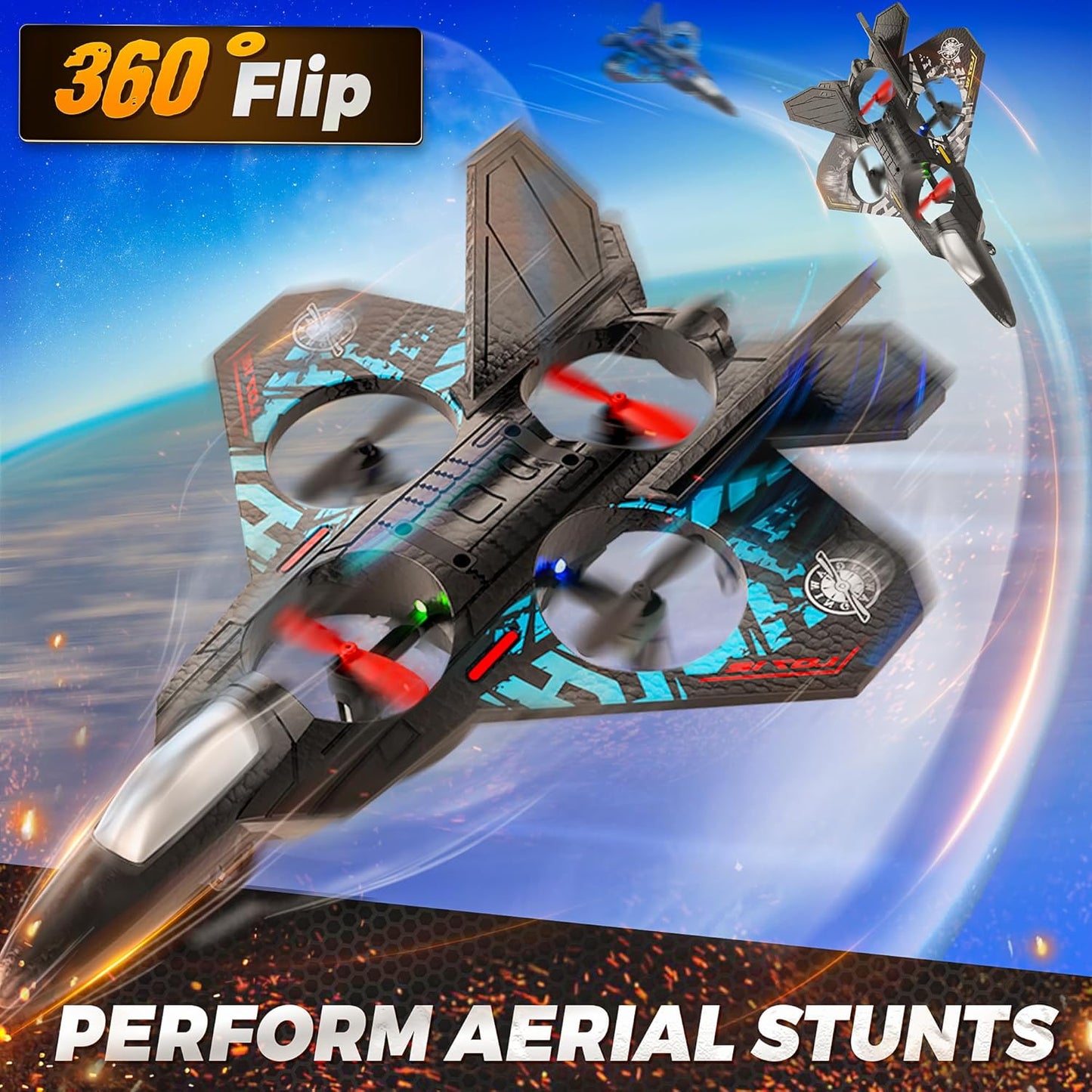 360° Flip Fighter Jet Toy with Colorful LED Navigation Light Blue