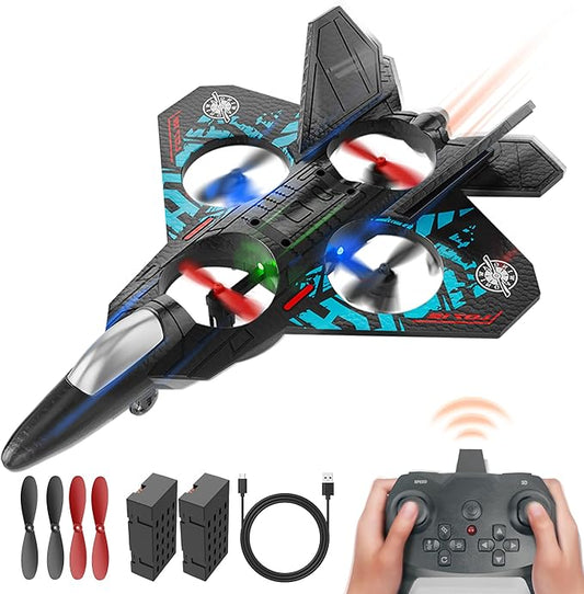 360° Flip Fighter Jet Toy with Colorful LED Navigation Light Blue