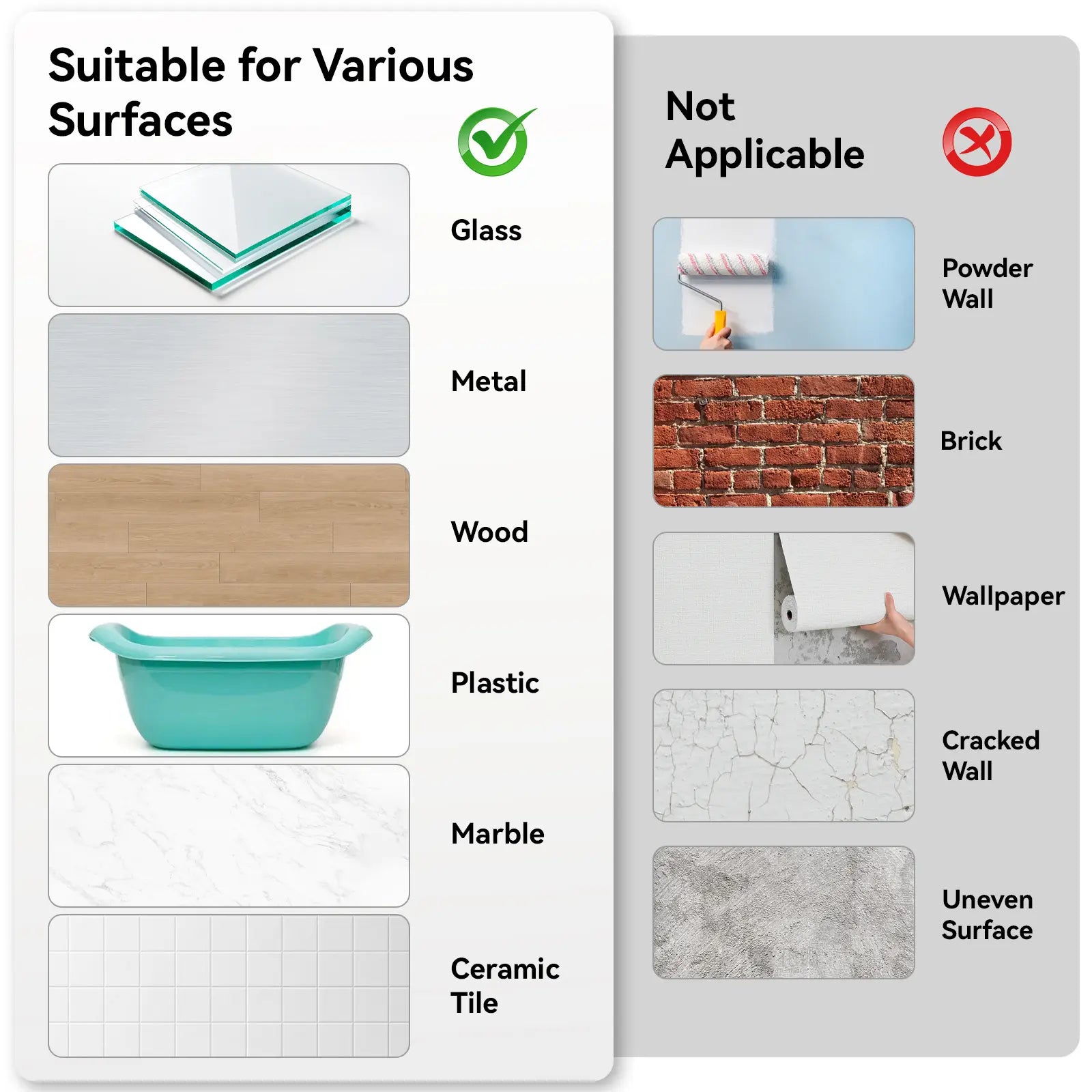Smooth surface examples and unsuitable wallpaper, cracked, powdery and uneven surfaces