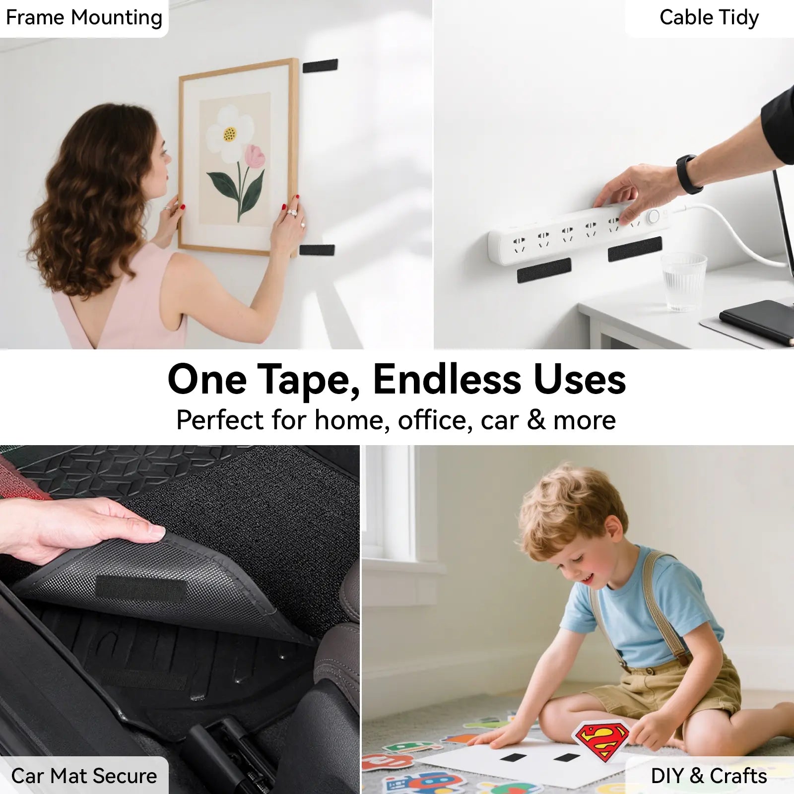 Hook-and-loop strips in household, workspace and car placement examples